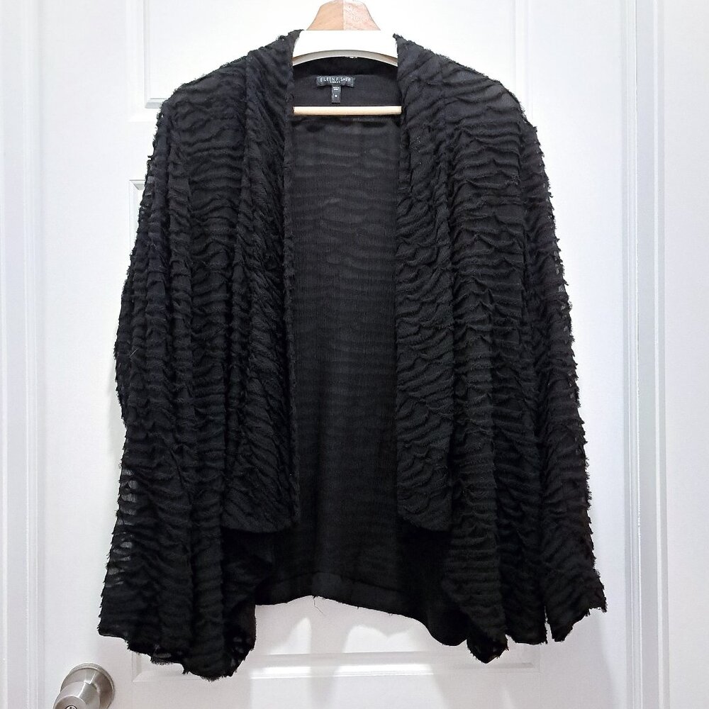 Eileen Fisher 100% Textured Silk Open Front Jacket Black Size 1X